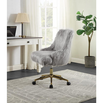 ACME Arundell II Office Chair, Gray Faux Fur &amp; Gold Finish - Ethereal Company