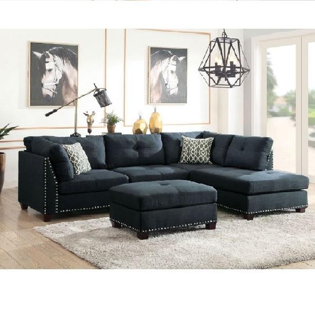 ACME Laurissa Sectional Sofa &amp; Ottoman (2 Pillows), Dark Blue Linen - Ethereal Company