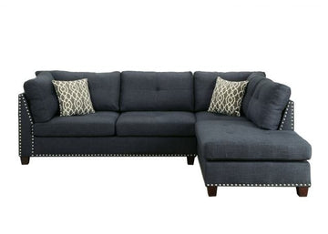 ACME Laurissa Sectional Sofa &amp; Ottoman (2 Pillows), Dark Blue Linen - Ethereal Company
