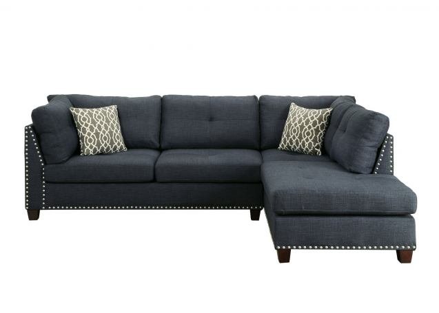 ACME Laurissa Sectional Sofa &amp; Ottoman (2 Pillows), Dark Blue Linen - Ethereal Company