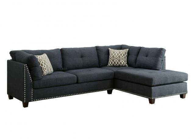 ACME Laurissa Sectional Sofa &amp; Ottoman (2 Pillows), Dark Blue Linen - Ethereal Company