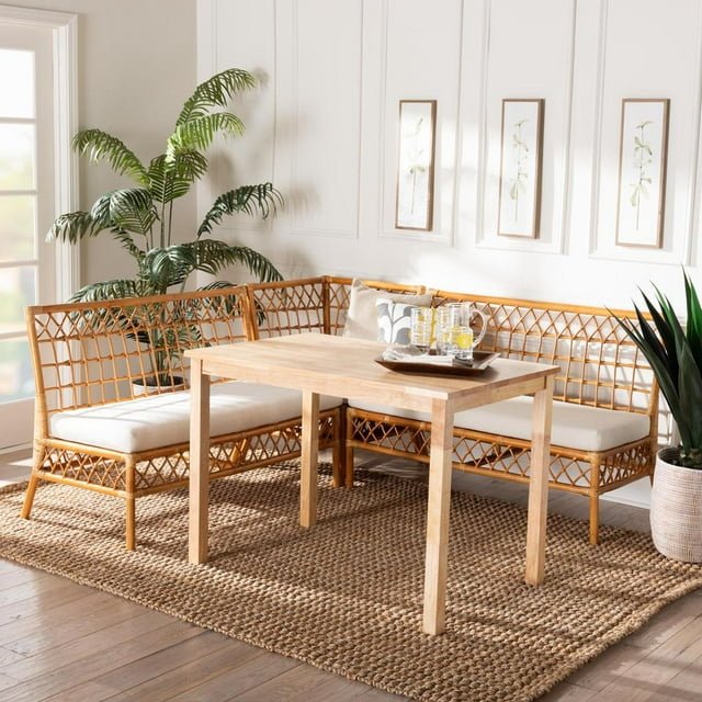 Aina Modern Bohemian Honey Rattan 4-Piece Dining Nook Set - Ethereal Company