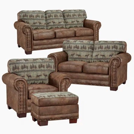 American Furniture Classics Four Piece Set in Deer Teal Lodge including sofa, loveseat, chair and ottoman - Ethereal Company