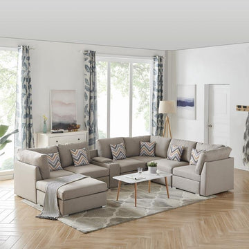 Amira Beige Fabric Reversible Modular Sectional Sofa w/ USB Console and Ottoman - Ethereal Company