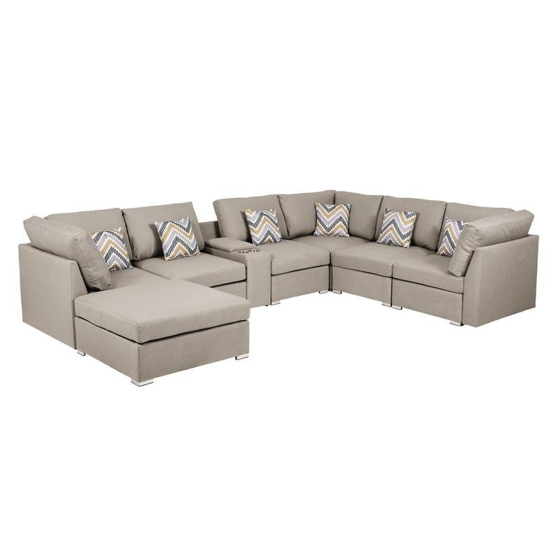 Amira Beige Fabric Reversible Modular Sectional Sofa w/ USB Console and Ottoman - Ethereal Company