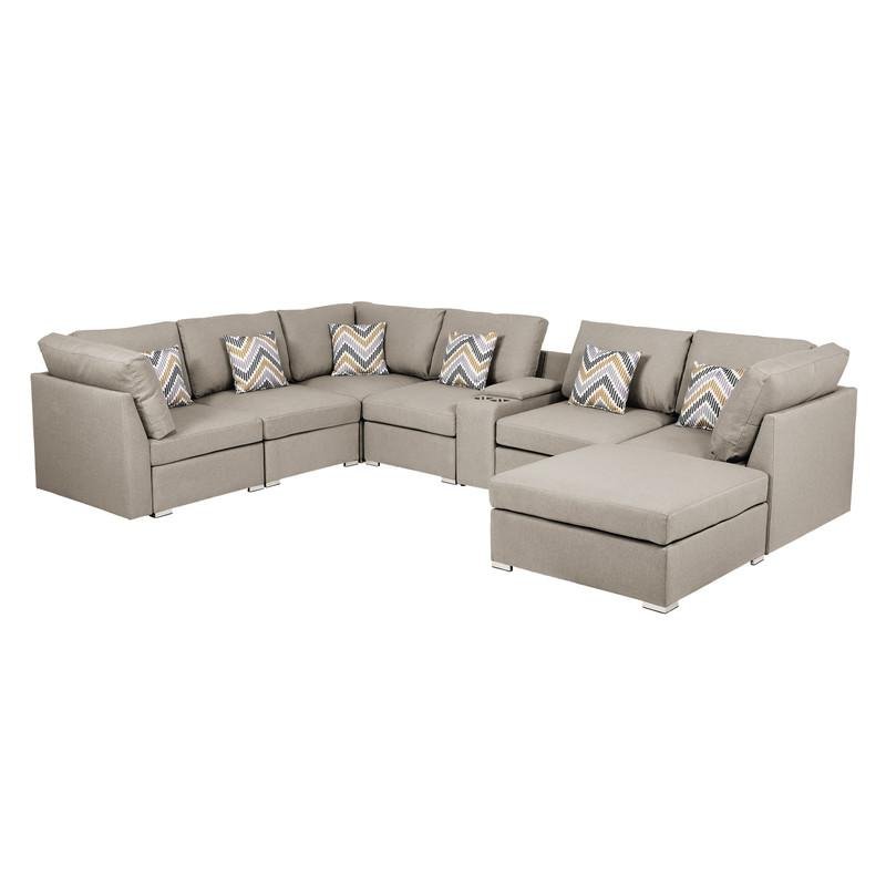 Amira Beige Fabric Reversible Modular Sectional Sofa w/ USB Console and Ottoman - Ethereal Company