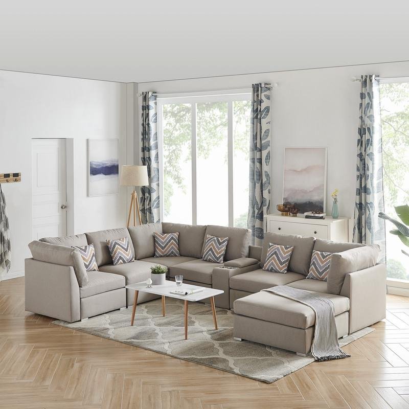 Amira Beige Fabric Reversible Modular Sectional Sofa w/ USB Console and Ottoman - Ethereal Company