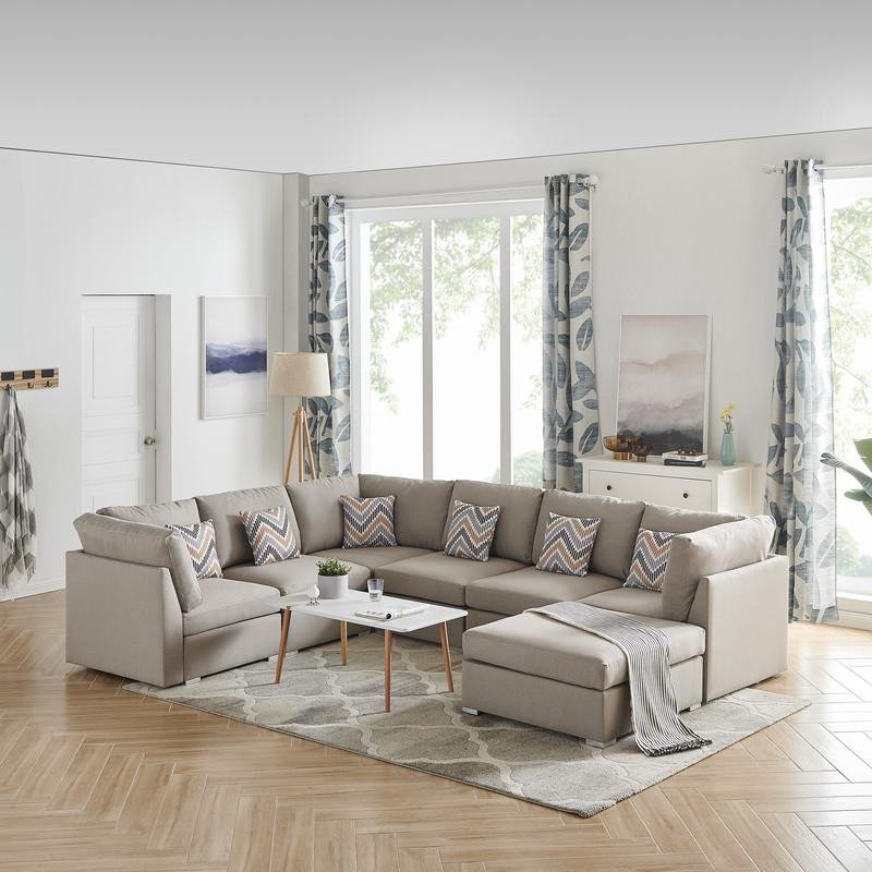 Amira Beige Fabric Reversible Modular Sectional Sofa with Ottoman and Pillows - Ethereal Company