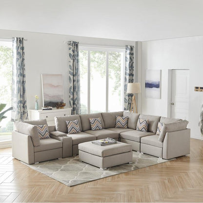 Amira Beige Fabric Reversible Modular Sectional Sofa with USB Console and Ottoman - Ethereal Company