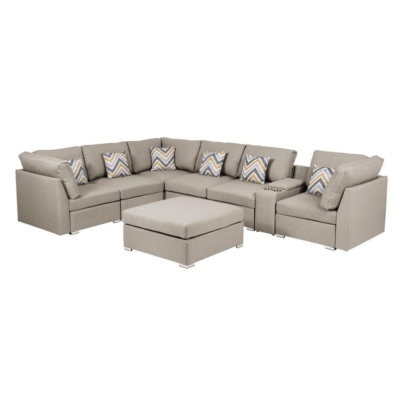 Amira Beige Fabric Reversible Modular Sectional Sofa with USB Console and Ottoman - Ethereal Company