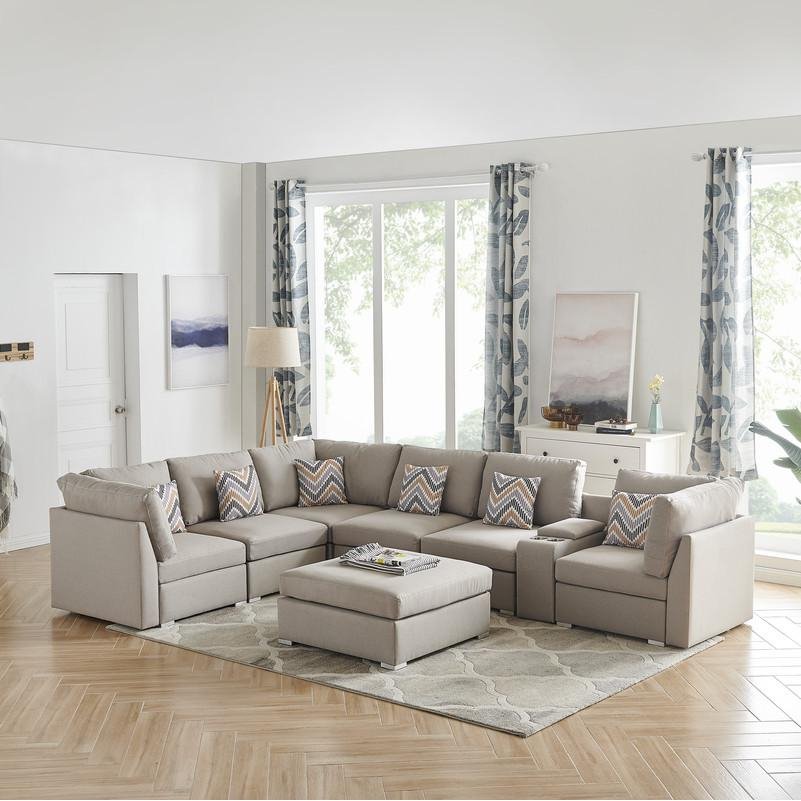 Amira Beige Fabric Reversible Modular Sectional Sofa with USB Console and Ottoman - Ethereal Company