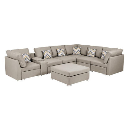 Amira Beige Fabric Reversible Modular Sectional Sofa with USB Console and Ottoman - Ethereal Company