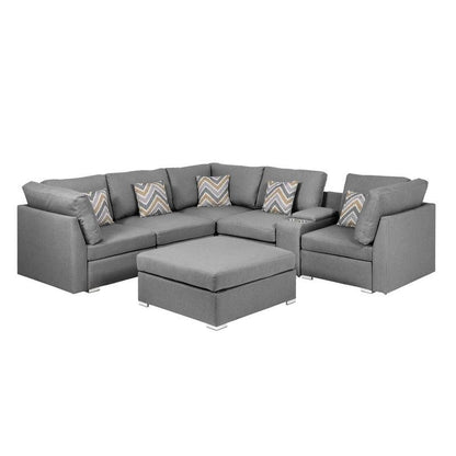 Amira Gray Fabric Reversible Sectional Sofa with USB Console and Ottoman - Ethereal Company