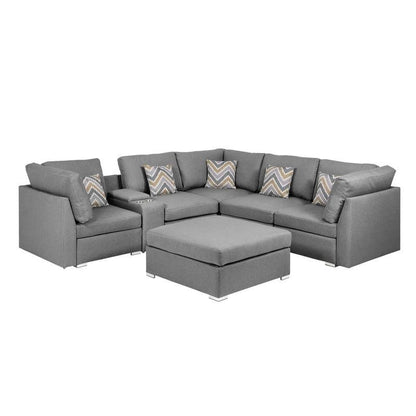 Amira Gray Fabric Reversible Sectional Sofa with USB Console and Ottoman - Ethereal Company