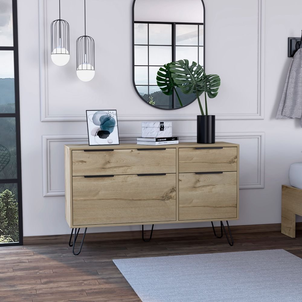 Aster Double Dresser, Four Drawers, Superior Top, Hairpin Legs - Ethereal Company