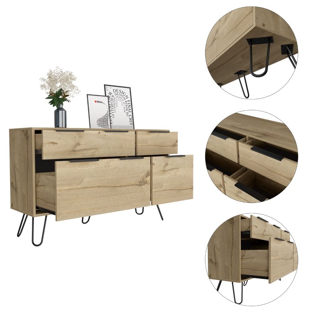 Aster Double Dresser, Four Drawers, Superior Top, Hairpin Legs - Ethereal Company