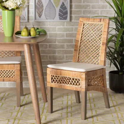 Bali &amp; Pari Argos Modern Bohemian Natural Brown Rattan 2-Piece Dining Chair Set - Ethereal Company