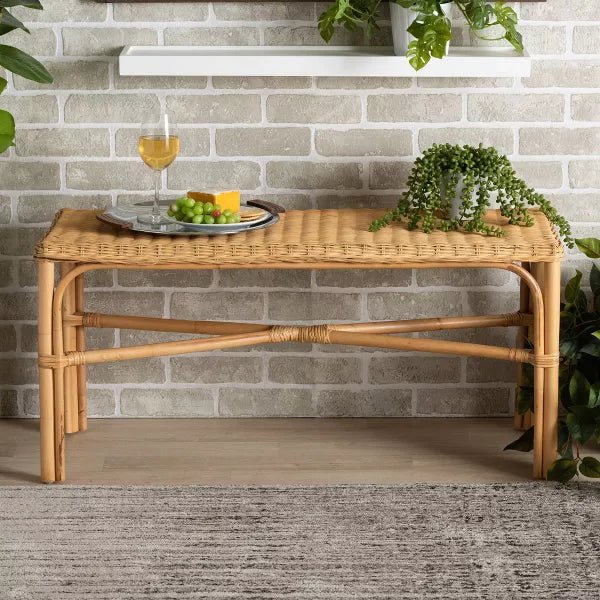 bali &amp; pari Cacaban Modern Bohemian Natural Brown Rattan Accent Bench - Ethereal Company