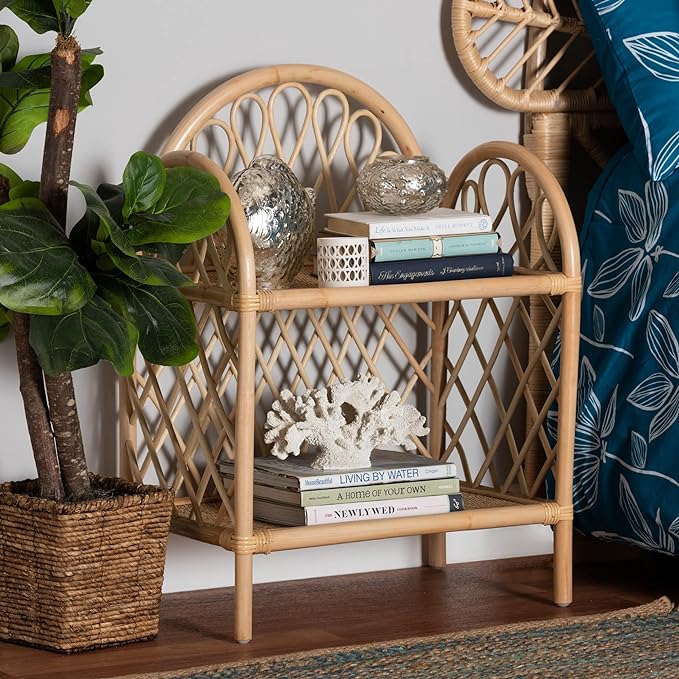 Bali &amp; Pari Hammond Modern Bohemian Natural Brown Rattan 2-Tier Display Shelf - Ethereal Company