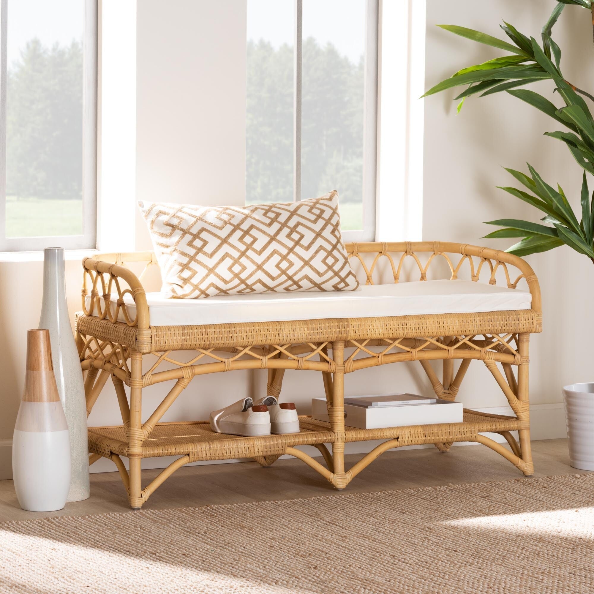 bali &amp; pari Leryn Modern Bohemian Natural Brown Rattan Bench - Exotic and Versatile - Ethereal Company