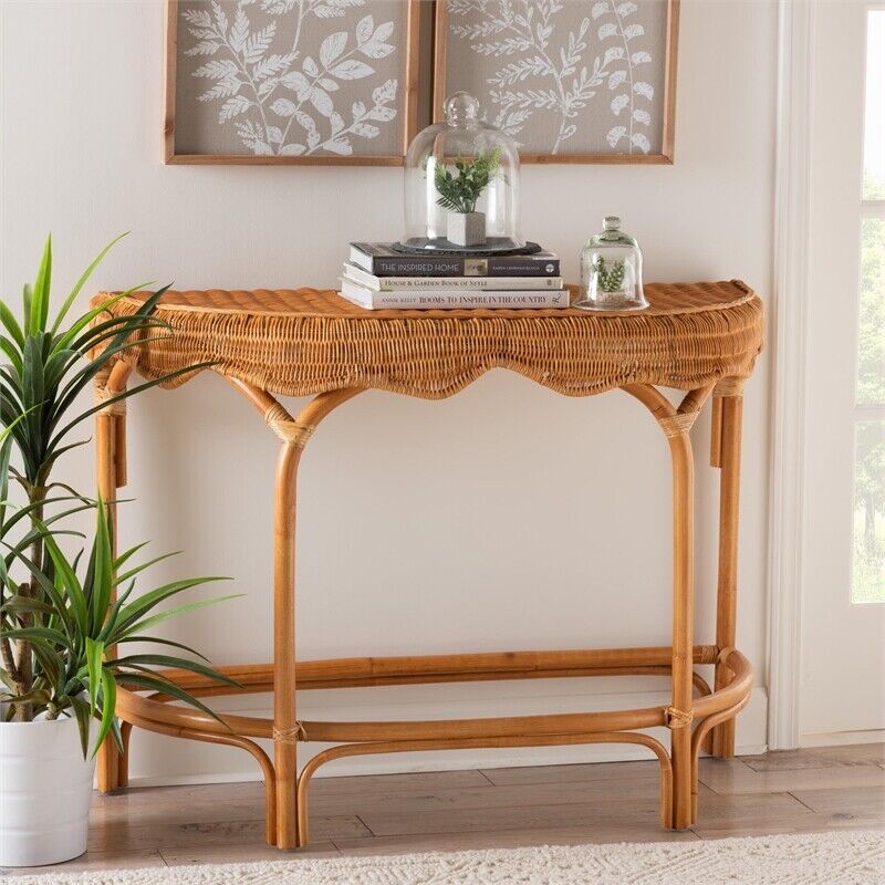 bali &amp; pari Wakana Modern Bohemian Natural Brown Rattan Console Table - Ethereal Company