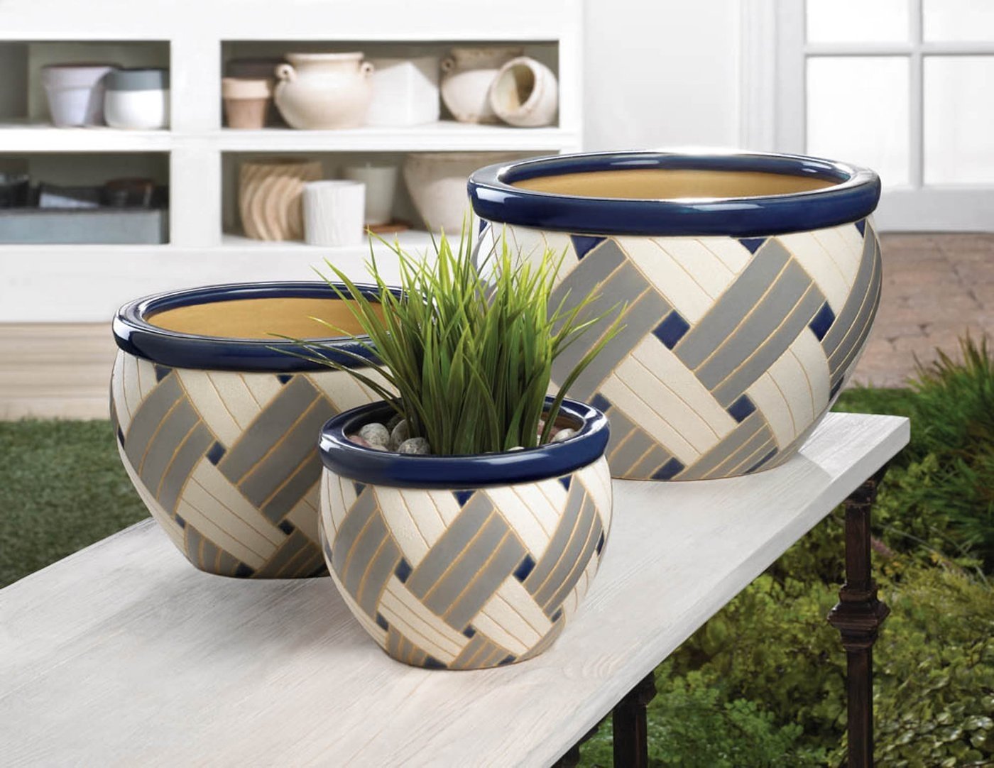 Blue Woven Design Ceramic Planter Set - Ethereal Company