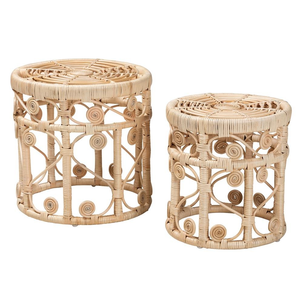 Bohemian Natural Brown Rattan 2-Piece Nesting End Table Set - Ethereal Company