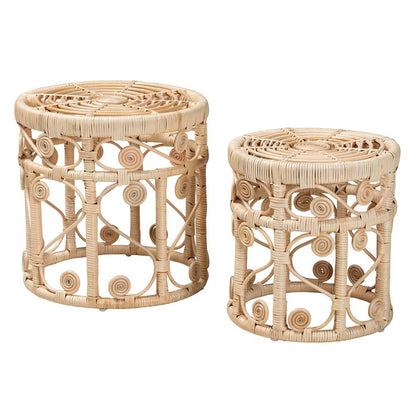 Bohemian Natural Brown Rattan 2-Piece Nesting End Table Set - Ethereal Company