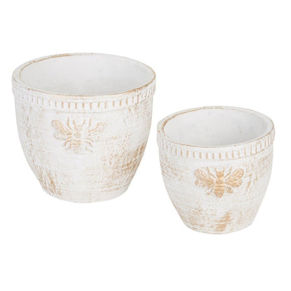 Cement Flower Pot Set - Gold Bee Whitewashed - Ethereal Company