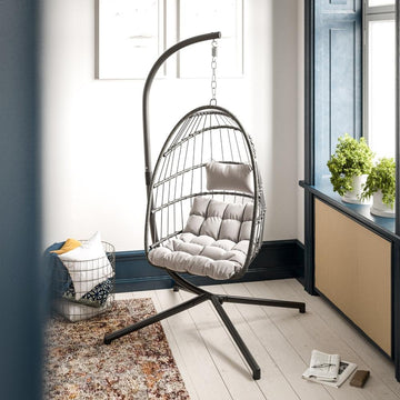 Cleo Patio Hanging Egg Chair, Wicker Hammock with Soft Seat Cushions &amp; Swing Stand, Indoor/Outdoor Gray Frame-Gray Cushions - Ethereal Company
