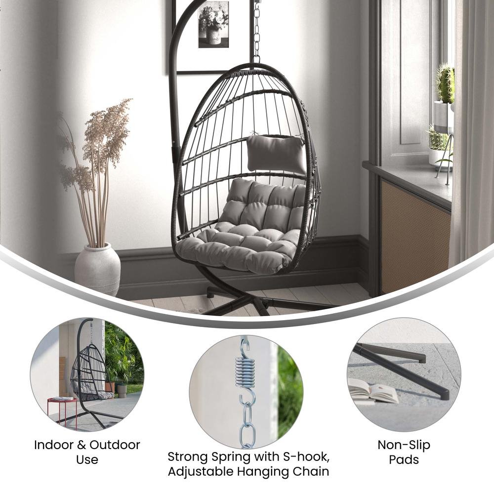 Cleo Patio Hanging Egg Chair, Wicker Hammock with Soft Seat Cushions &amp; Swing Stand, Indoor/Outdoor Gray Frame-Gray Cushions - Ethereal Company
