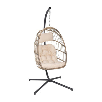 Cleo Patio Hanging Egg Chair, Wicker Hammock with Soft Seat Cushions &amp; Swing Stand, Indoor/Outdoor Natural Frame-Cream Cushions - Ethereal Company