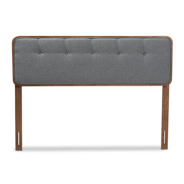 Dark Grey Fabric Upholstered Walnut Brown Finished Wood King Size Headboard - Ethereal Company