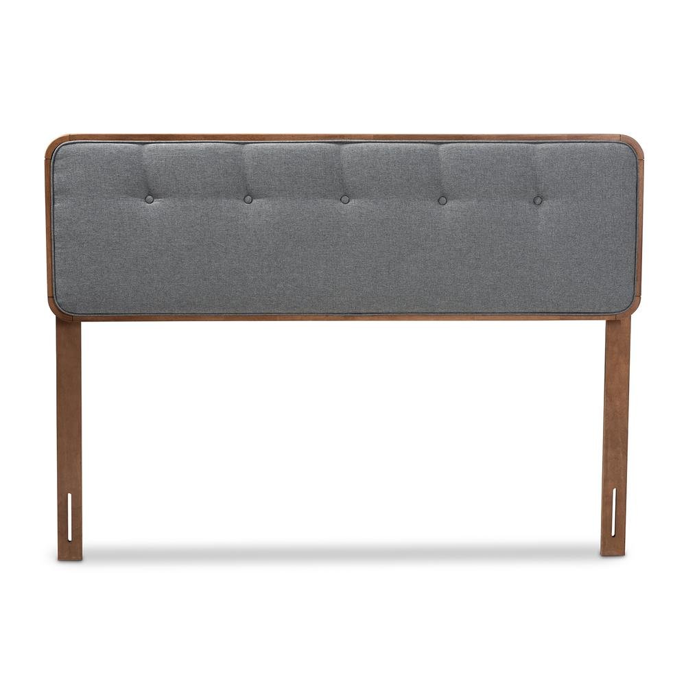 Dark Grey Fabric Upholstered Walnut Brown Finished Wood King Size Headboard - Ethereal Company