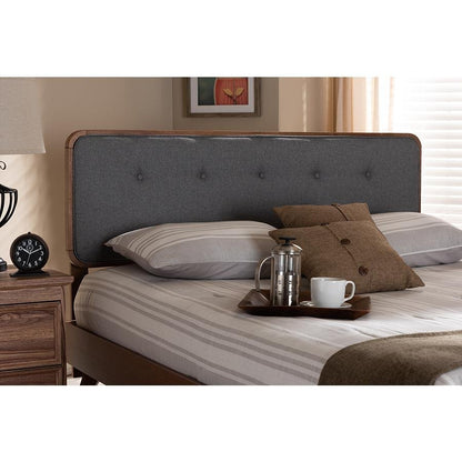 Dark Grey Fabric Upholstered Walnut Brown Finished Wood King Size Headboard - Ethereal Company