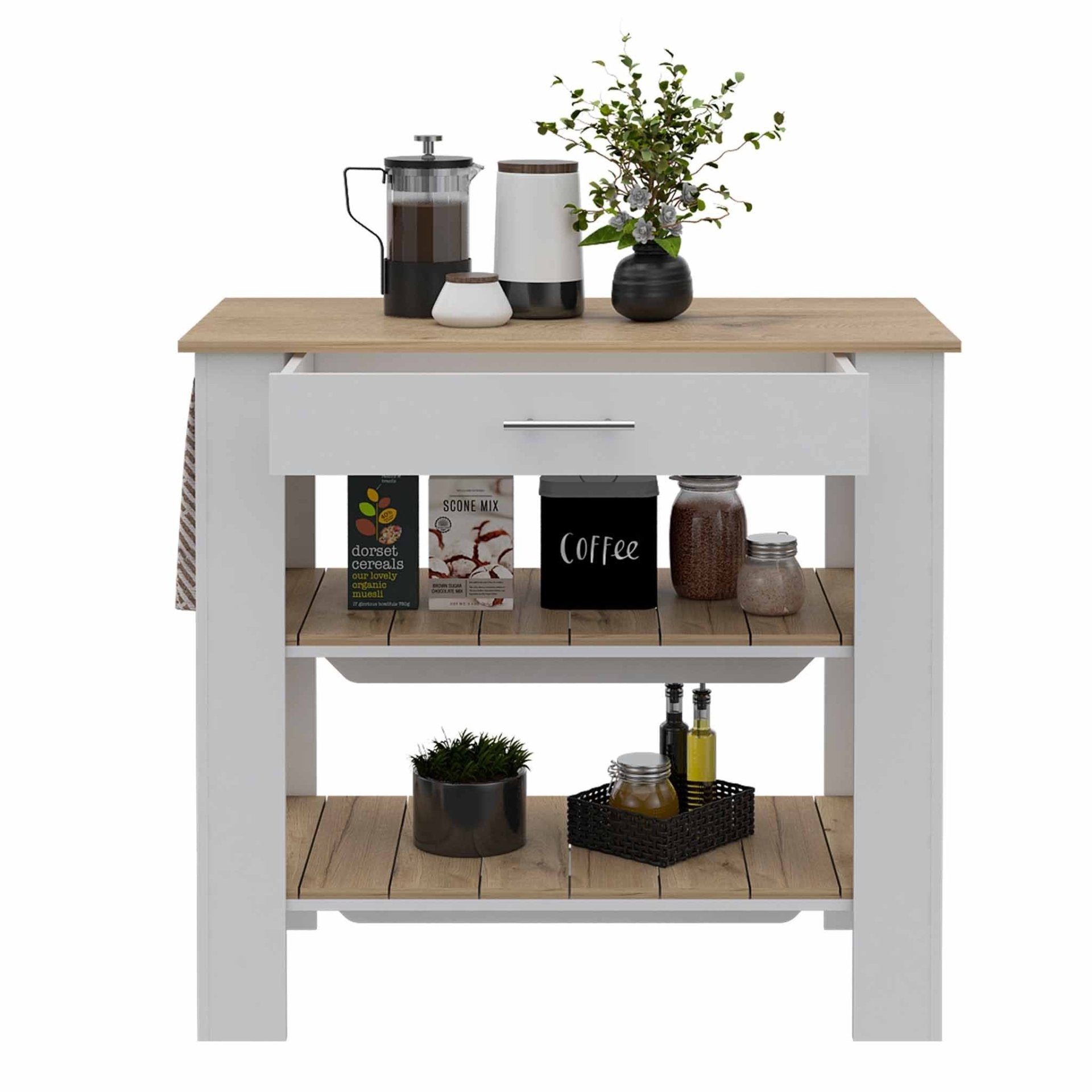 Delos 40 Kitchen Island, Two Shelves, One Drawer, Four Legs - Ethereal Company