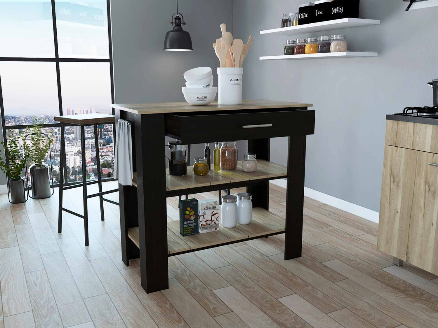 Delos 40 Kitchen Island, Two Shelves, One Drawer, Four Legs - Ethereal Company