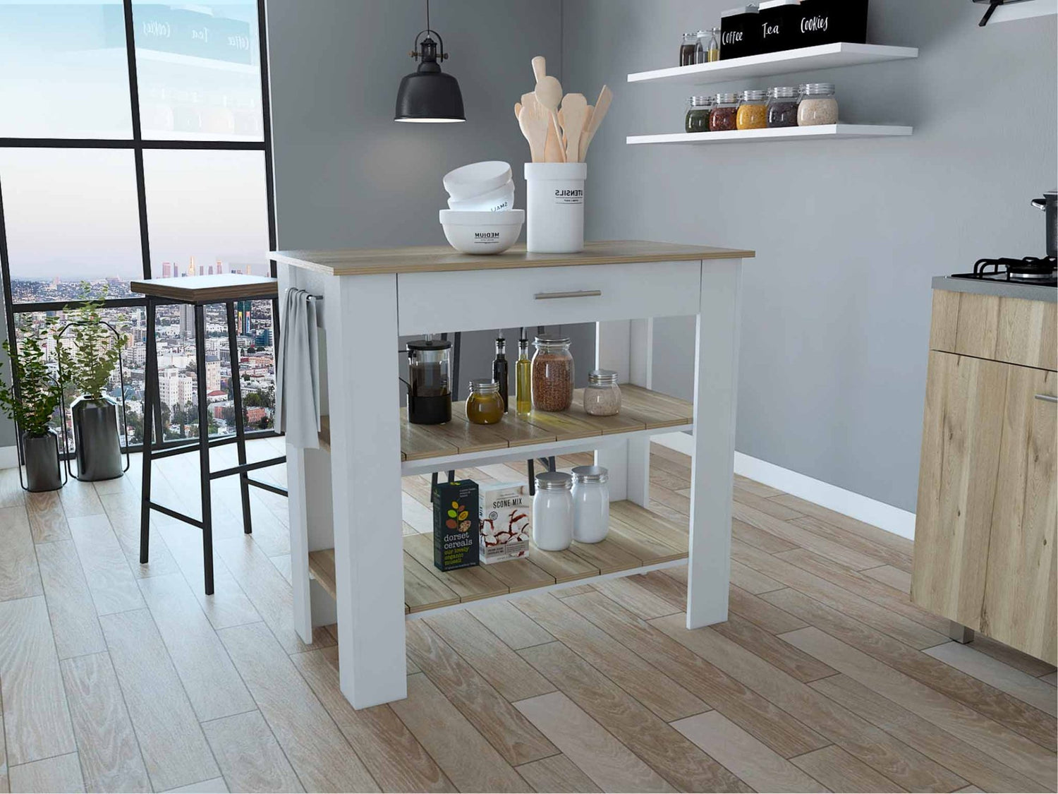 Delos 40 Kitchen Island, Two Shelves, One Drawer, Four Legs - Ethereal Company