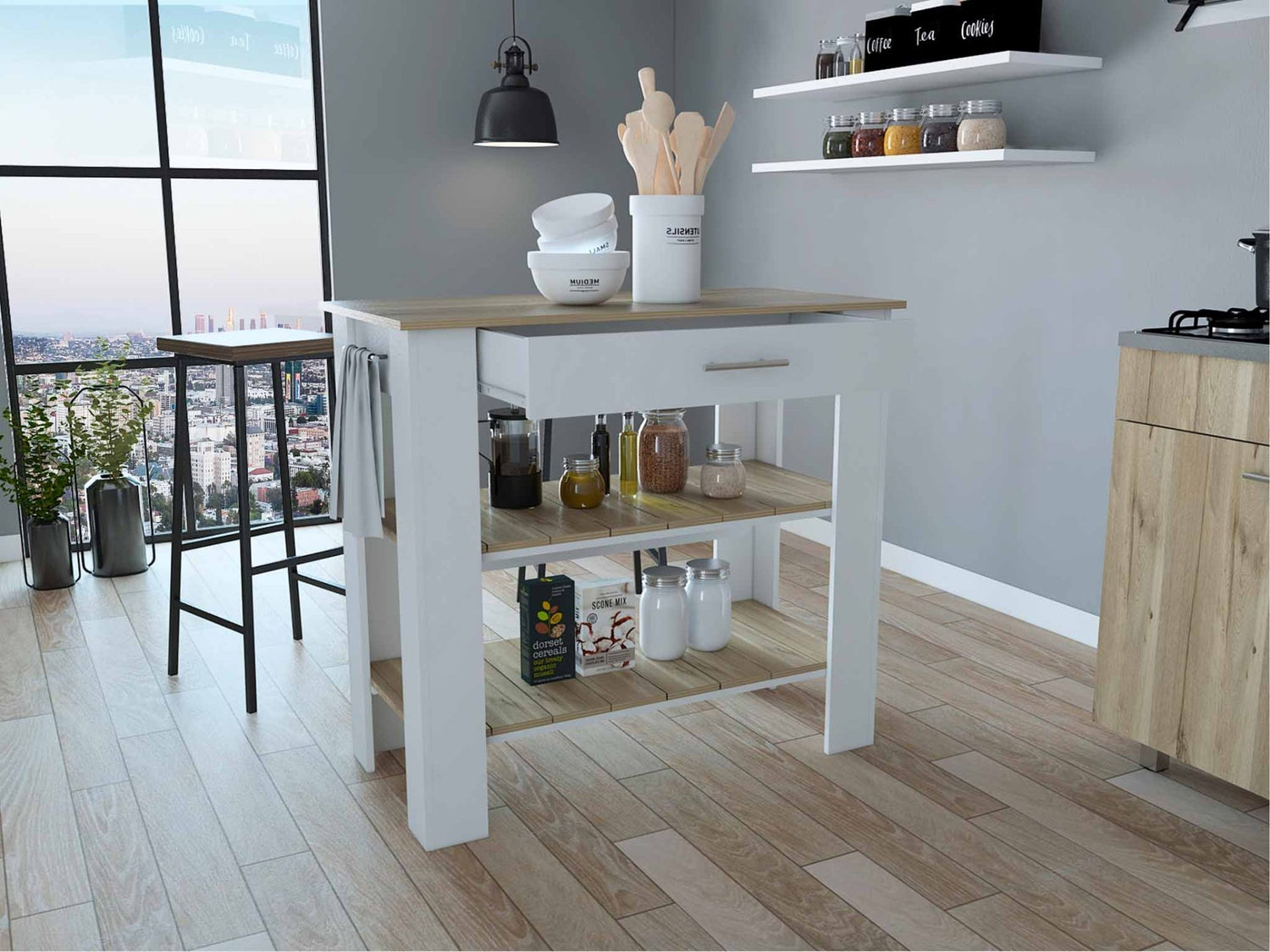 Delos 40 Kitchen Island, Two Shelves, One Drawer, Four Legs - Ethereal Company