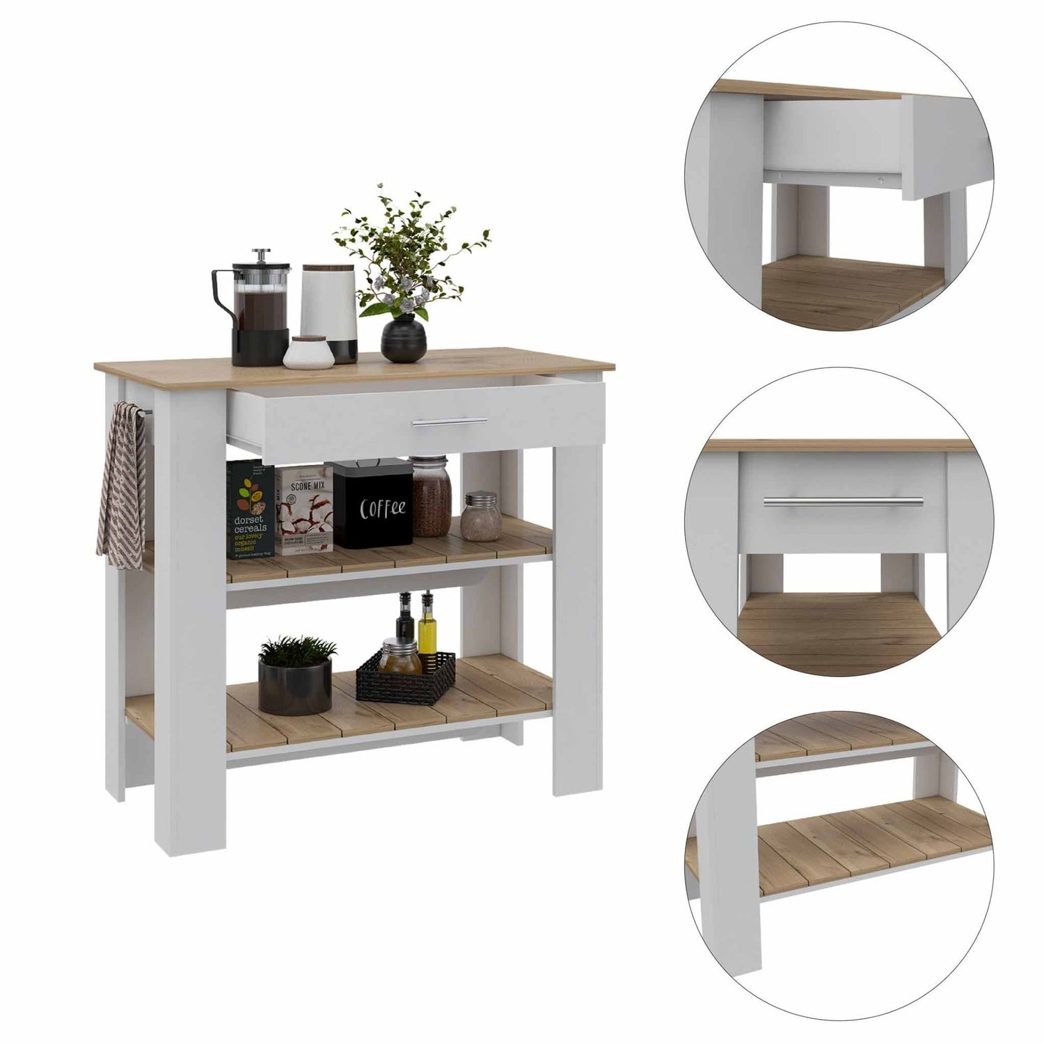 Delos 40 Kitchen Island, Two Shelves, One Drawer, Four Legs - Ethereal Company