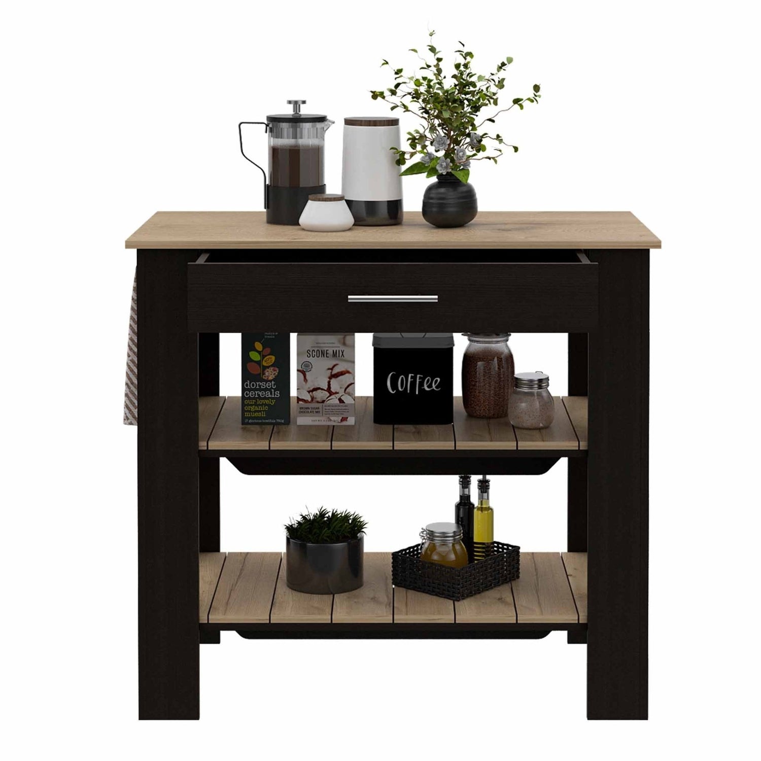 Delos 40 Kitchen Island, Two Shelves, One Drawer, Four Legs - Ethereal Company