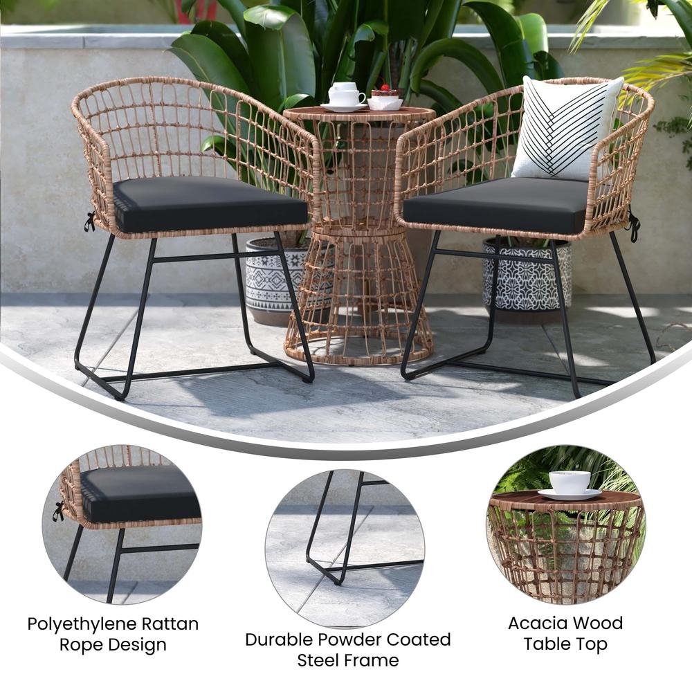 Devon 3-Piece Natural Patio Bistro Set, Indoor/Outdoor Rattan Rope Chairs, Acacia Wood Top Table &amp; Black Seat Cushions - Ethereal Company