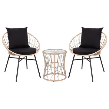 Devon 3-Piece Tan Indoor/Outdoor Bistro Set, Papasan Style Rattan Rope Chairs, Glass Top Side Table &amp; Black Cushions - Ethereal Company