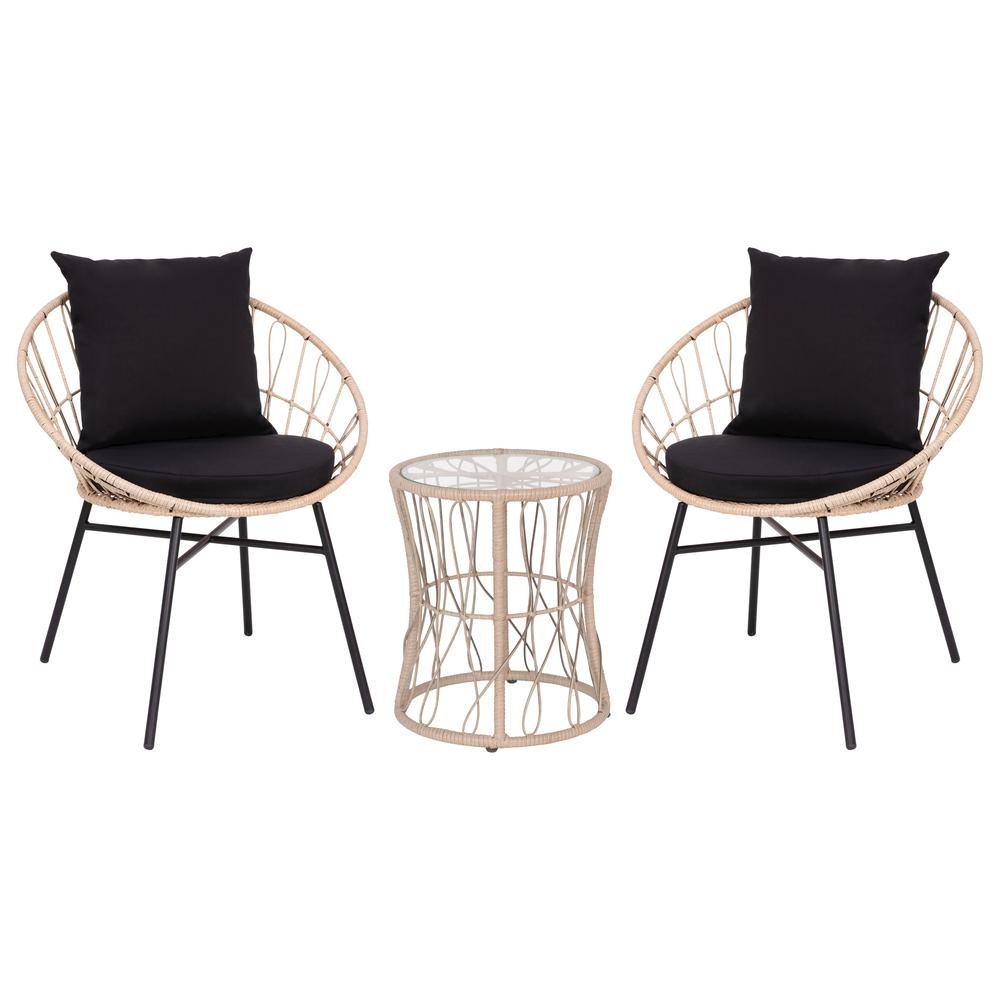 Devon 3-Piece Tan Indoor/Outdoor Bistro Set, Papasan Style Rattan Rope Chairs, Glass Top Side Table &amp; Black Cushions - Ethereal Company