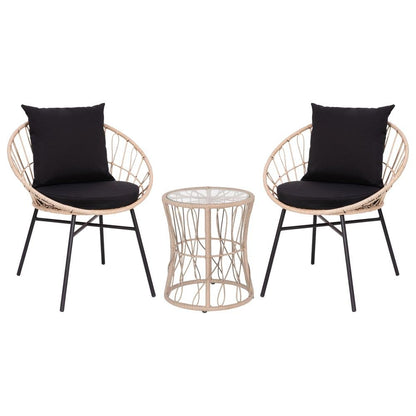 Devon 3-Piece Tan Indoor/Outdoor Bistro Set, Papasan Style Rattan Rope Chairs, Glass Top Side Table &amp; Black Cushions - Ethereal Company