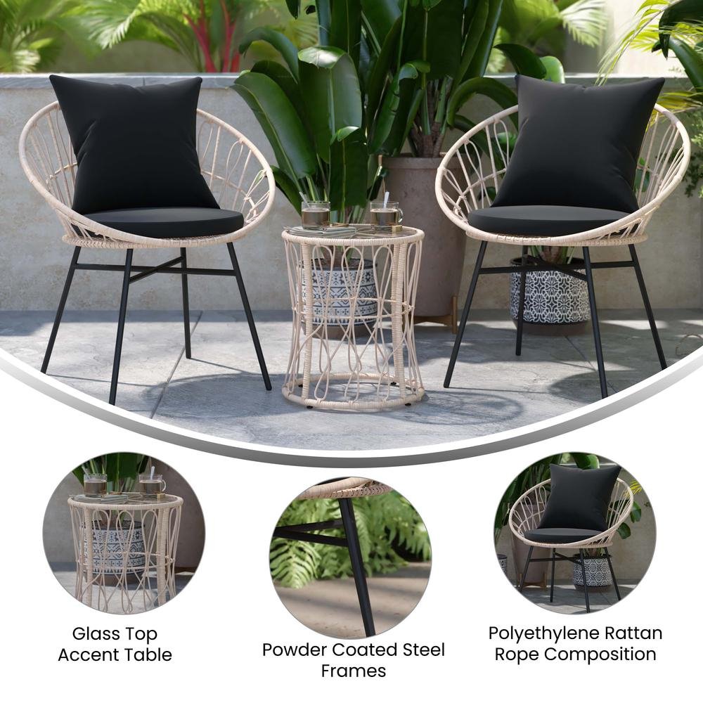 Devon 3-Piece Tan Indoor/Outdoor Bistro Set, Papasan Style Rattan Rope Chairs, Glass Top Side Table &amp; Black Cushions - Ethereal Company