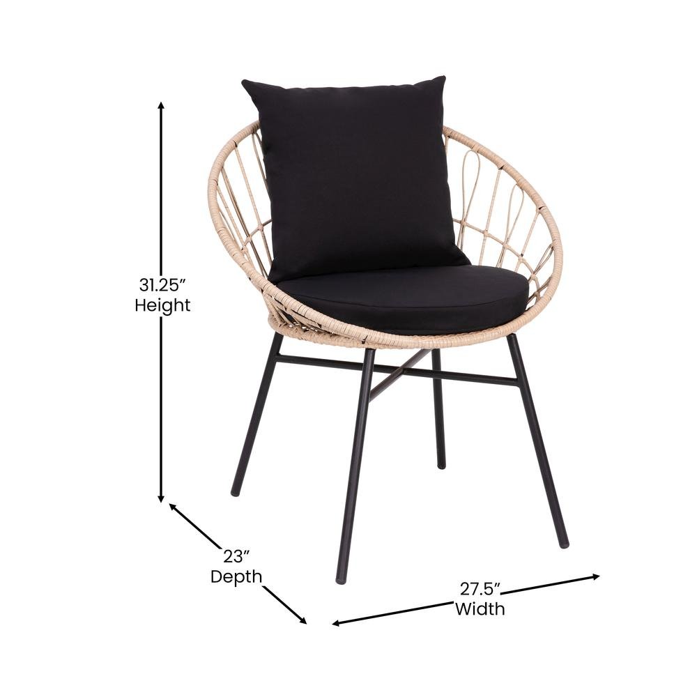 Devon 3-Piece Tan Indoor/Outdoor Bistro Set, Papasan Style Rattan Rope Chairs, Glass Top Side Table &amp; Black Cushions - Ethereal Company