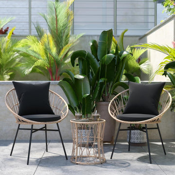 Devon 3-Piece Tan Indoor/Outdoor Bistro Set, Papasan Style Rattan Rope Chairs, Glass Top Side Table &amp; Black Cushions - Ethereal Company