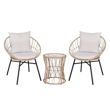 Devon 3-Piece Tan Indoor/Outdoor Bistro Set, Papasan Style Rattan Rope Chairs, Glass Top Side Table &amp; Light Gray Cushions - Ethereal Company