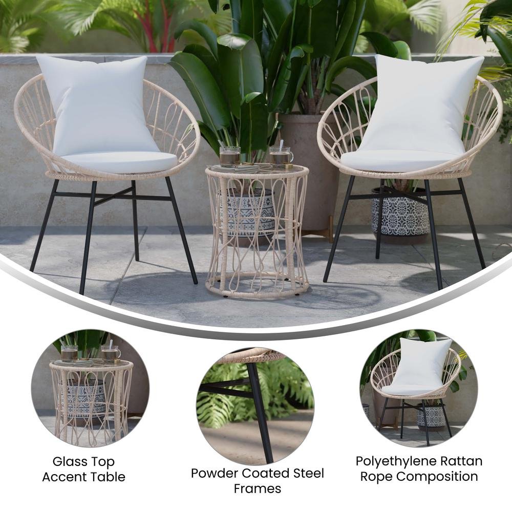 Devon 3-Piece Tan Indoor/Outdoor Bistro Set, Papasan Style Rattan Rope Chairs, Glass Top Side Table &amp; Light Gray Cushions - Ethereal Company